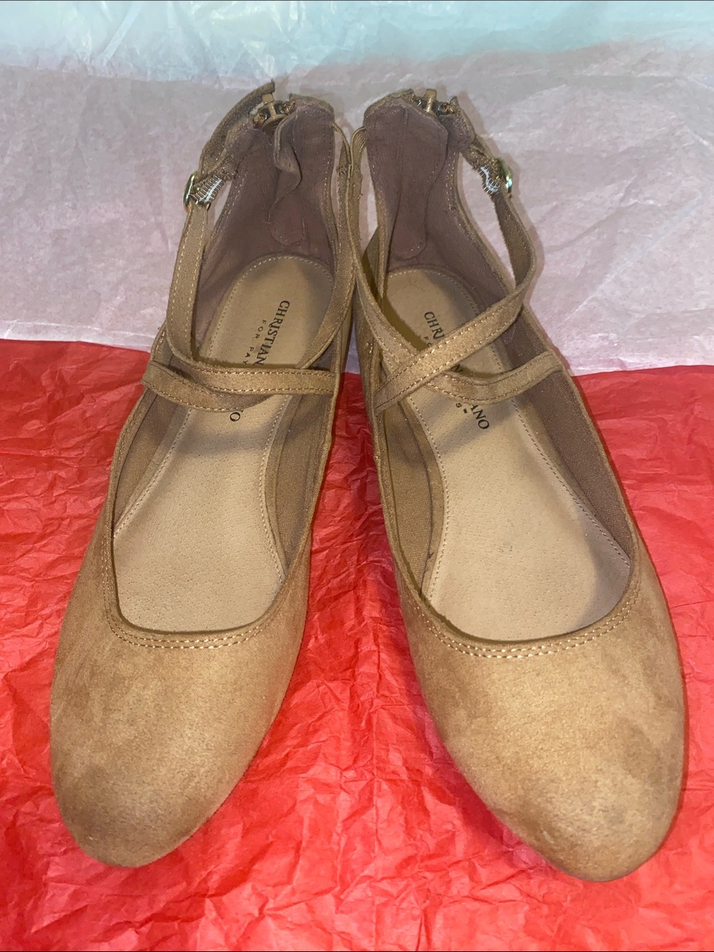 Christian Siriano Camel/Tan Suede Cross-Strap Flats